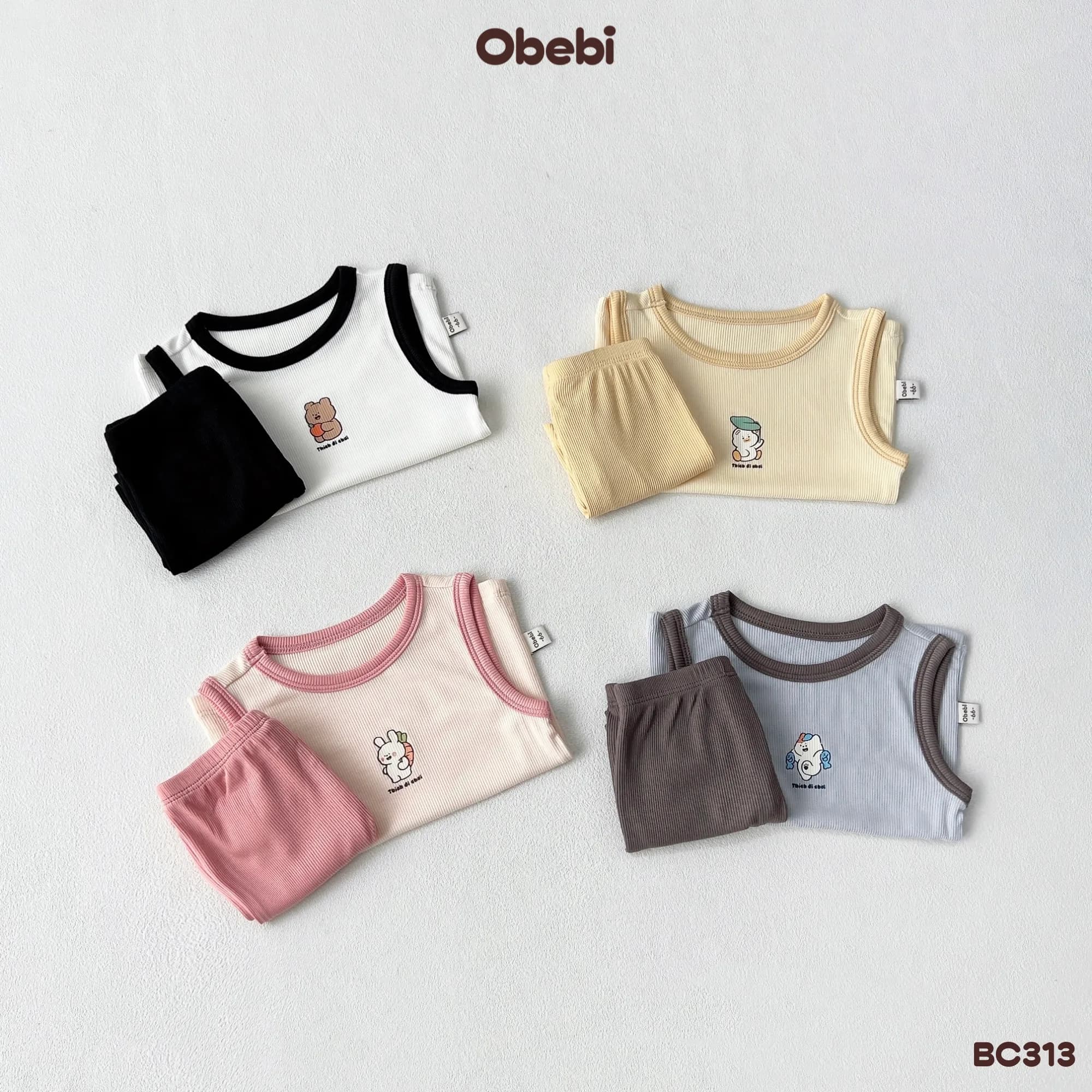 BC313 – Bộ ba lỗ phối màu, vải gân sợi tre Obebi