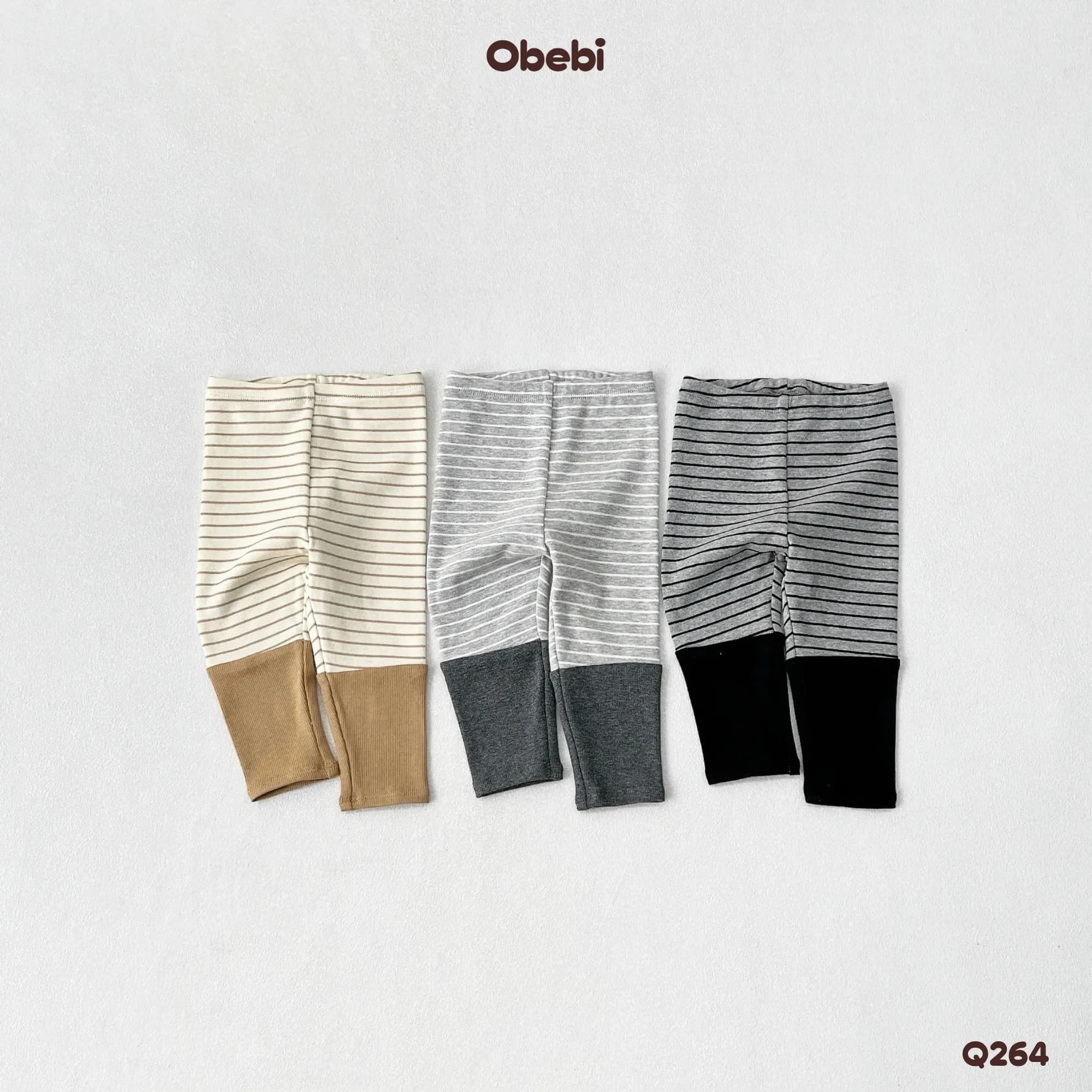 Q264 – Quần Legging Trẻ Em Thu Đông Kẻ Ngang Phối Gấu Vải Gân Obebi
