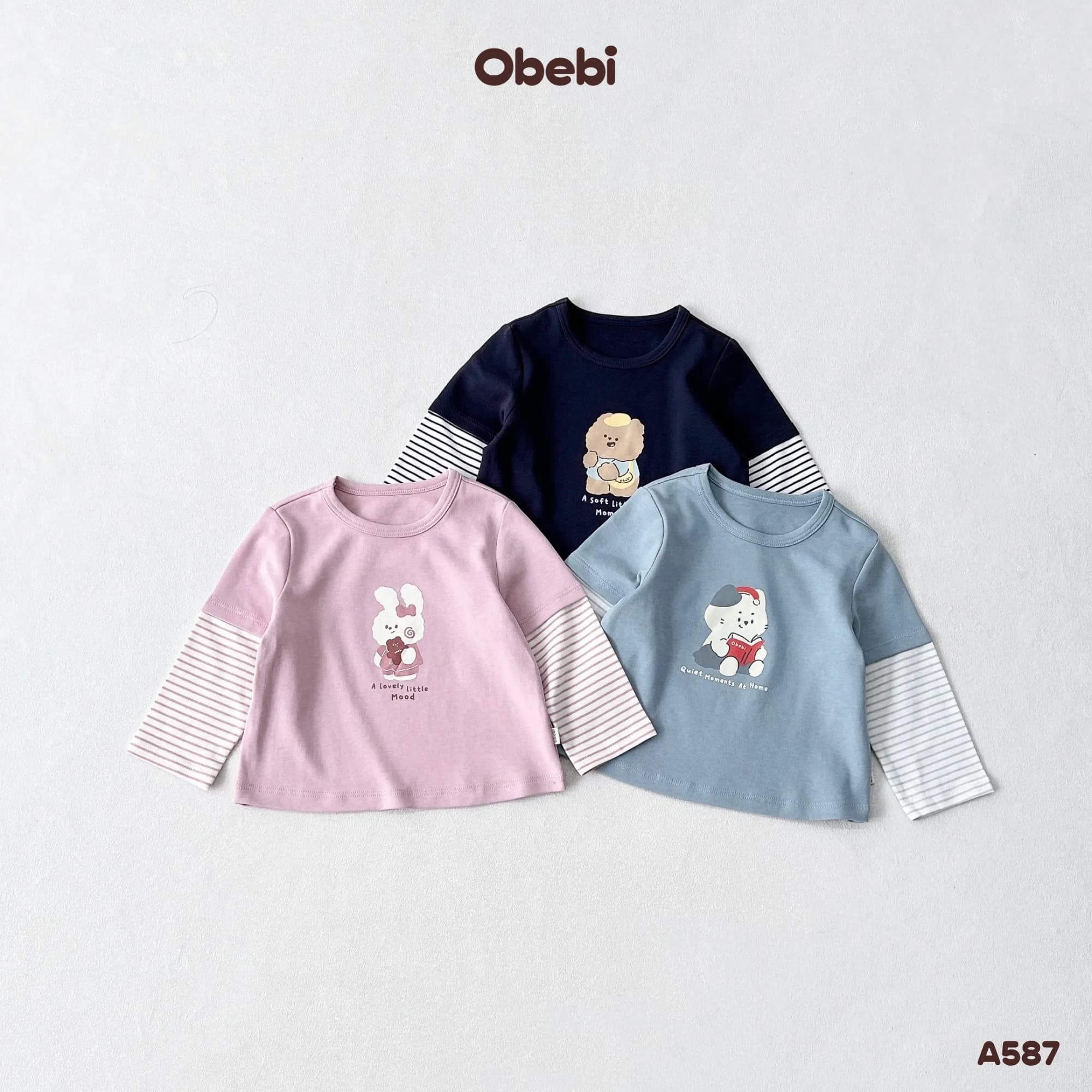 A587 – Áo Thun Phối Kẻ Dài Tay Trẻ Em Hình In Nhân Vật Thương Hiệu Obebi