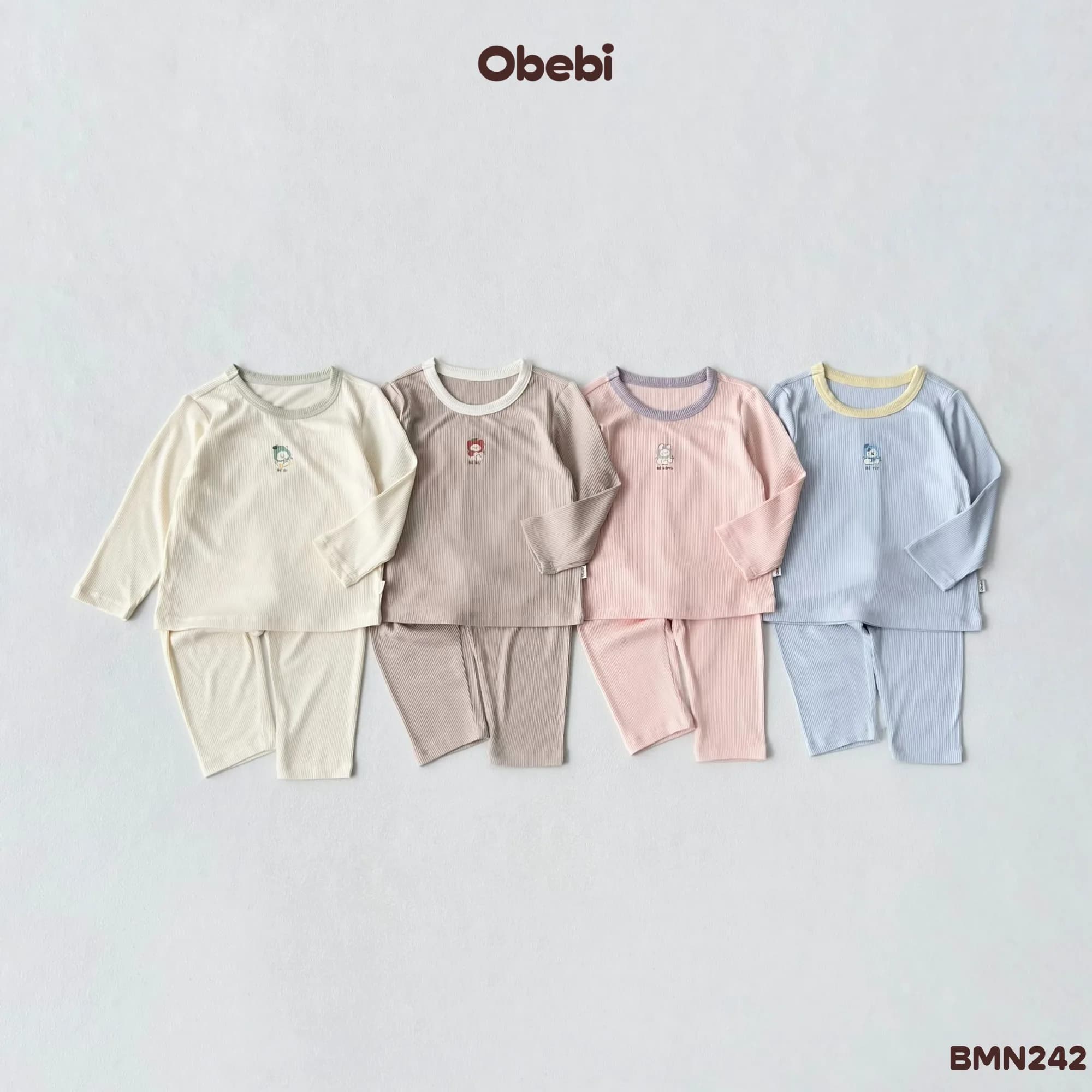 BMN242 – Bộ Mặc Nhà Trẻ Em Thu Đông Vải Gân Họa Tiết Nhân Vật Hoa Quả Obebi