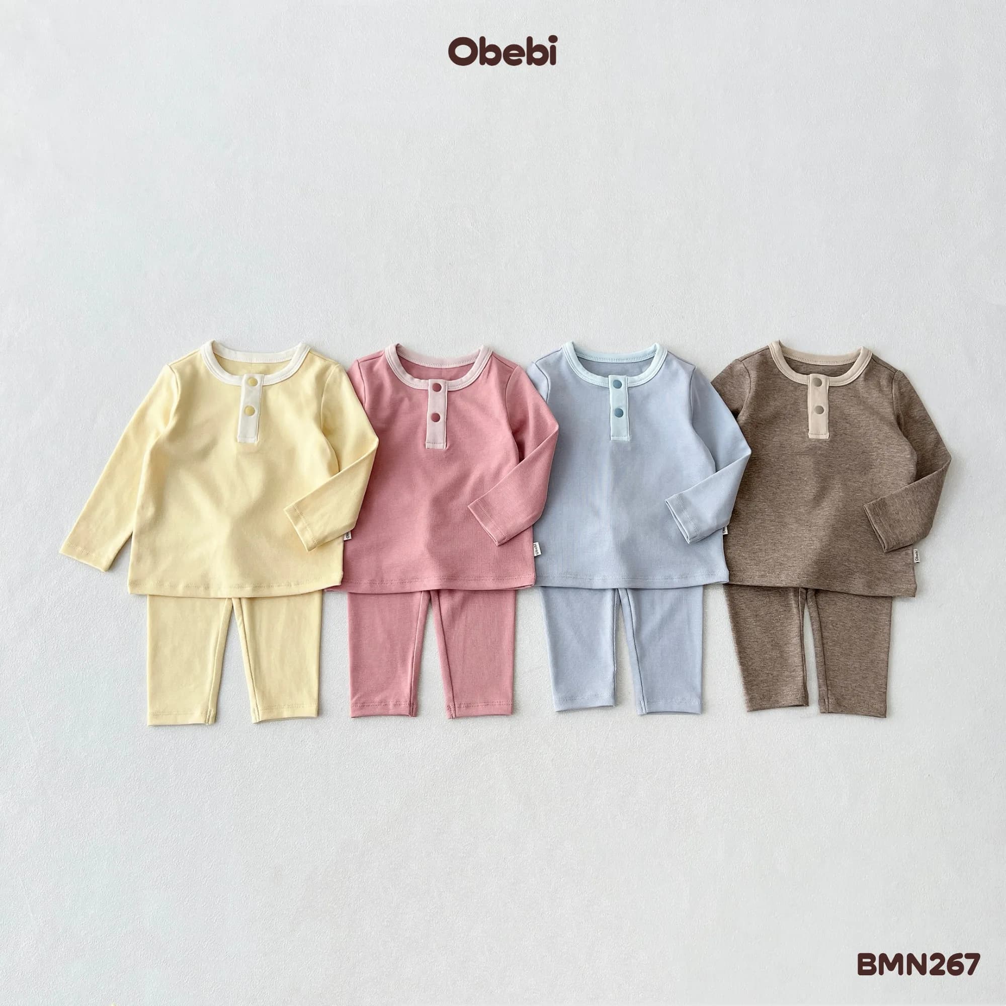 BMN267 – Bộ Mặc Nhà Trẻ Em Thu Đông Cổ Trụ Phối Màu Obebi