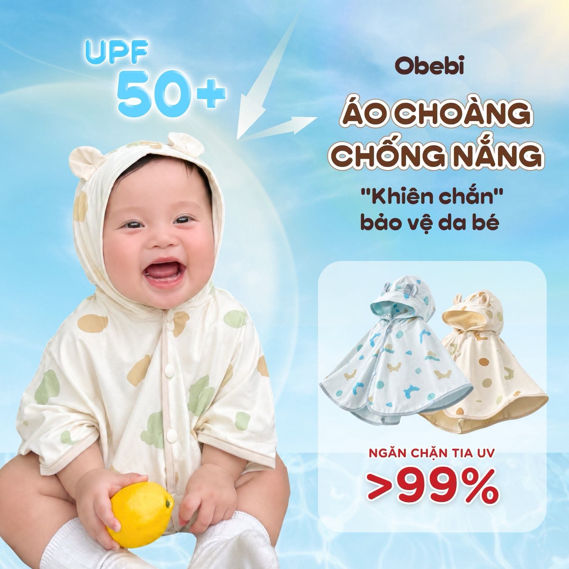 Áo Choàng Chống Nắng Cho Bé Obebi UPF 50+: Khiên Chắn Mát Lành Cho Làn Da Non Nớt