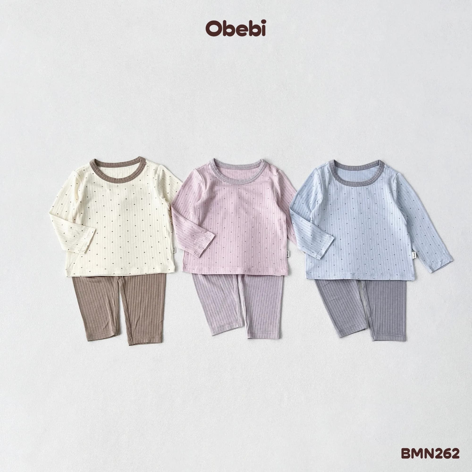 BMN262 – Bộ Mặc Nhà Trẻ Em Thu Đông Phối Màu Hình In Chấm Bi Dễ Thương Obebi