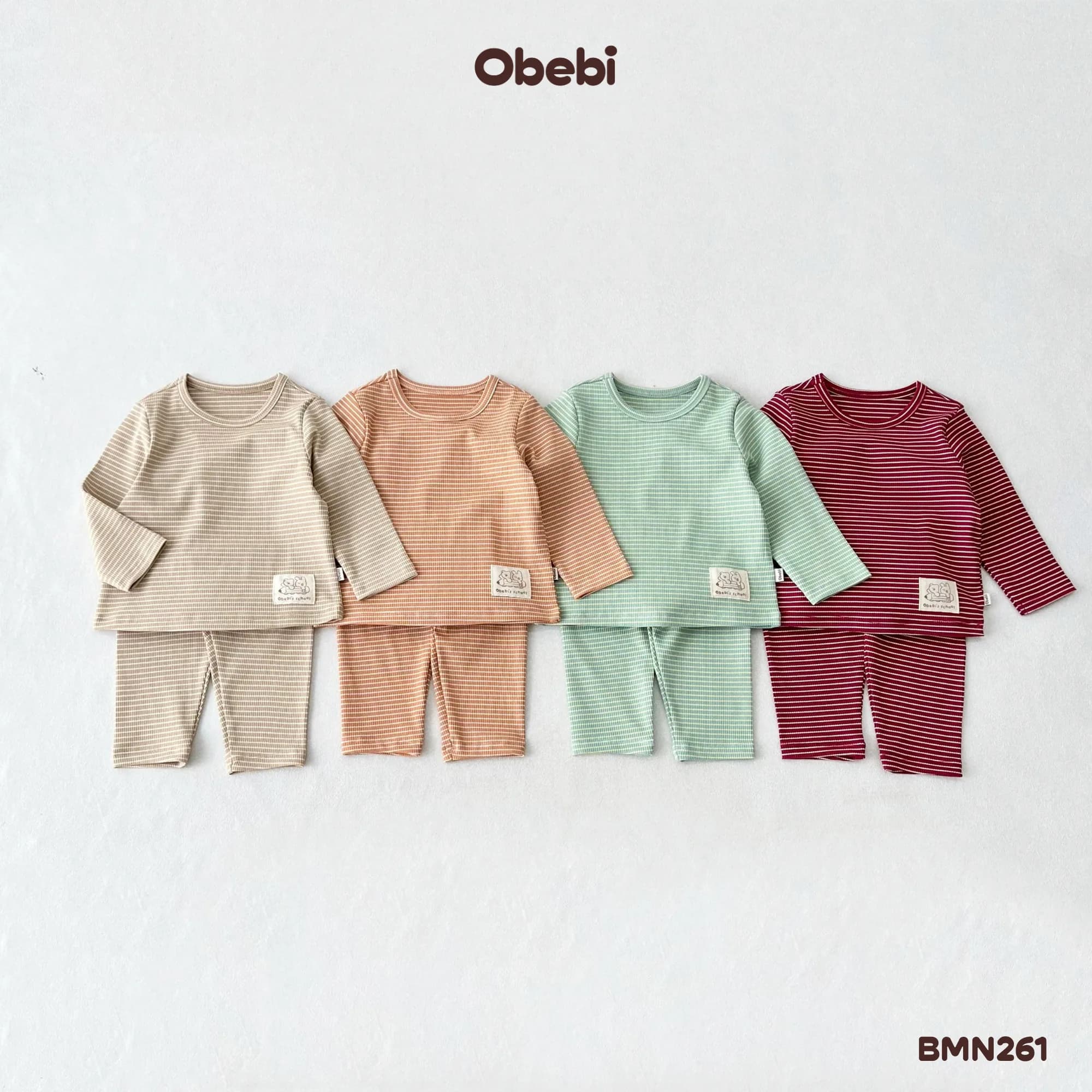 BMN261 – Bộ Mặc Nhà Trẻ Em Thu Đông Gân Kẻ Co Giãn Có Mác In Gấu Áo Obebi